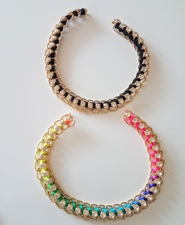 Gold, Black / Blue, Green, Yellow And Pink Choker Collar, Metal Choker, Fabric Choker With Diamante Faux Swarovski Crystal - 200317A116A/B